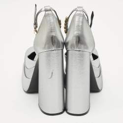 Versace Metallic Grey Fabric Medusa Aevitas Double Platform Pumps Size 38.5