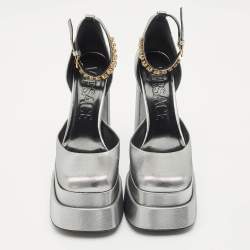 Versace Metallic Grey Fabric Medusa Aevitas Double Platform Pumps Size 38.5