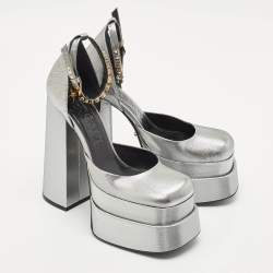 Versace Metallic Grey Fabric Medusa Aevitas Double Platform Pumps Size 38.5