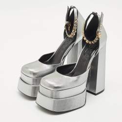 Versace Metallic Grey Fabric Medusa Aevitas Double Platform Pumps Size 38.5