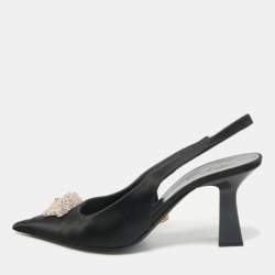 Versace Black Satin Crystal Embellished La Medusa Slingback Pumps Size 40