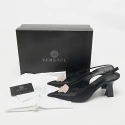 Versace Black Satin Crystal Embellished La Medusa Slingback Pumps Size 40