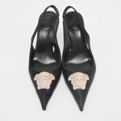 Versace Black Satin Crystal Embellished La Medusa Slingback Pumps Size 40