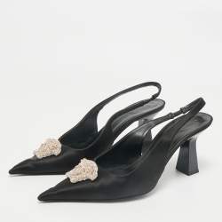 Versace Black Satin Crystal Embellished La Medusa Slingback Pumps Size 40