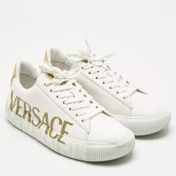 Versace White/Gold Leather La Greca Lace Up Sneakers Size 38