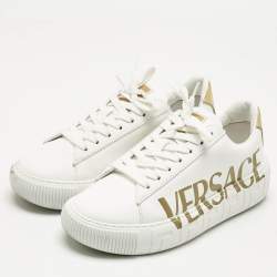 Versace White/Gold Leather La Greca Lace Up Sneakers Size 38