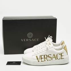 Versace White/Gold Leather La Greca Lace Up Sneakers Size 38