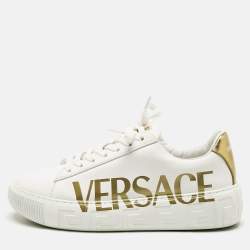 Versace White/Gold Leather La Greca Lace Up Sneakers Size 38