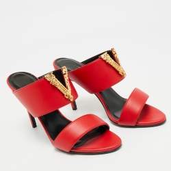 Versace Red Leather and Metal Medusa Slide Sandals Size 37