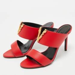 Versace Red Leather and Metal Medusa Slide Sandals Size 37