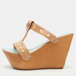 Versace Beige Leather Wood Platform Wedge Sandals Size 38