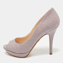 Versace Purple Embroidered Leather Peep Toe Platform Pumps Size 38