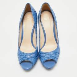 Pre Owned Versace Blue Embroidered Leather Peep Toe Platform Pumps Size 38
