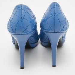Pre Owned Versace Blue Embroidered Leather Peep Toe Platform Pumps Size 38
