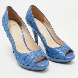 Pre Owned Versace Blue Embroidered Leather Peep Toe Platform Pumps Size 38