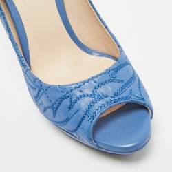 Pre Owned Versace Blue Embroidered Leather Peep Toe Platform Pumps Size 38