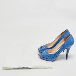 Pre Owned Versace Blue Embroidered Leather Peep Toe Platform Pumps Size 38