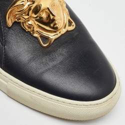 Pre Owned Versace Black Leather Palazzo Medusa Slip On Sneakers Size 37