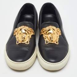 Pre Owned Versace Black Leather Palazzo Medusa Slip On Sneakers Size 37