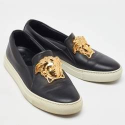 Pre Owned Versace Black Leather Palazzo Medusa Slip On Sneakers Size 37