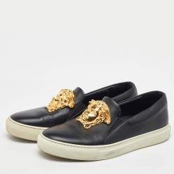Pre Owned Versace Black Leather Palazzo Medusa Slip On Sneakers Size 37