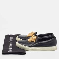 Pre Owned Versace Black Leather Palazzo Medusa Slip On Sneakers Size 37