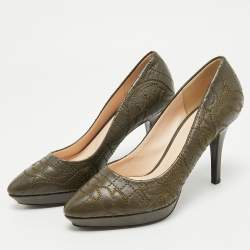 Pre Owned Versace Olive Brown Embroidered Leather Platform Pointed Toe Pumps Size 38