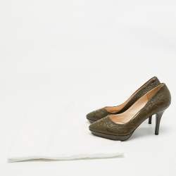 Pre Owned Versace Olive Brown Embroidered Leather Platform Pointed Toe Pumps Size 38