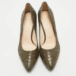 Pre Owned Versace Olive Brown Embroidered Leather Platform Pointed Toe Pumps Size 38