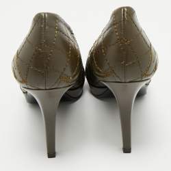 Pre Owned Versace Olive Brown Embroidered Leather Platform Pointed Toe Pumps Size 38