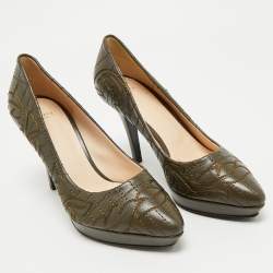 Pre Owned Versace Olive Brown Embroidered Leather Platform Pointed Toe Pumps Size 38