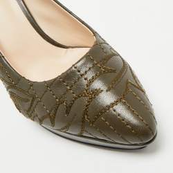 Pre Owned Versace Olive Brown Embroidered Leather Platform Pointed Toe Pumps Size 38