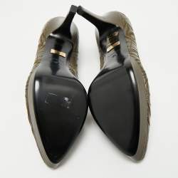 Pre Owned Versace Olive Brown Embroidered Leather Platform Pointed Toe Pumps Size 38
