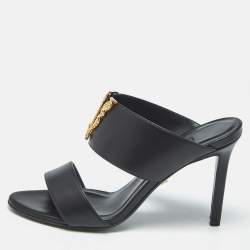 Versace Black Leather Virtus Slide Sandals Size 37
