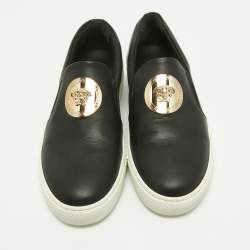 Pre Owned Versace Black Leather Medusa Slip On Sneakers Size 38