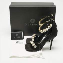 Pre Owned Versace Black Satin Crystals Embellished Ankle Strap Sandals Size 37