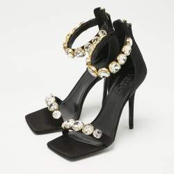 Pre Owned Versace Black Satin Crystals Embellished Ankle Strap Sandals Size 37