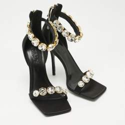Pre Owned Versace Black Satin Crystals Embellished Ankle Strap Sandals Size 37