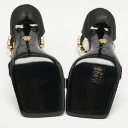 Pre Owned Versace Black Satin Crystals Embellished Ankle Strap Sandals Size 37