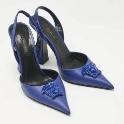 Pre Owned Versace Blue Leather Medusa Slingback Pumps Size 38