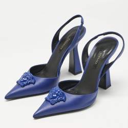 Pre Owned Versace Blue Leather Medusa Slingback Pumps Size 38