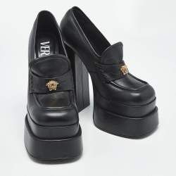 مملوكة مسبقًا Versace Black Leather Aevitas Block Heel Pumps Size 37