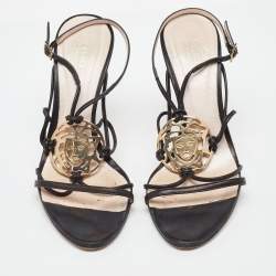 Pre Owned Versace Black Leather La Medusa Strappy Sandals Size 38
