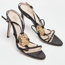 Pre Owned Versace Black Leather La Medusa Strappy Sandals Size 38