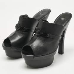 Pre Owned Versace Black Leather and Wooden Platform Medusa Sandals Size 39