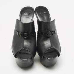 Pre Owned Versace Black Leather and Wooden Platform Medusa Sandals Size 39