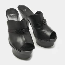 Pre Owned Versace Black Leather and Wooden Platform Medusa Sandals Size 39