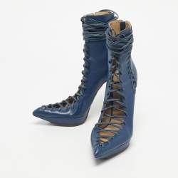Pre Owned Versace Blue Leather Lace Up Ankle Length Boots Size 40