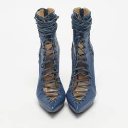 Pre Owned Versace Blue Leather Lace Up Ankle Length Boots Size 40