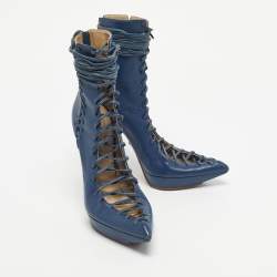 Pre Owned Versace Blue Leather Lace Up Ankle Length Boots Size 40